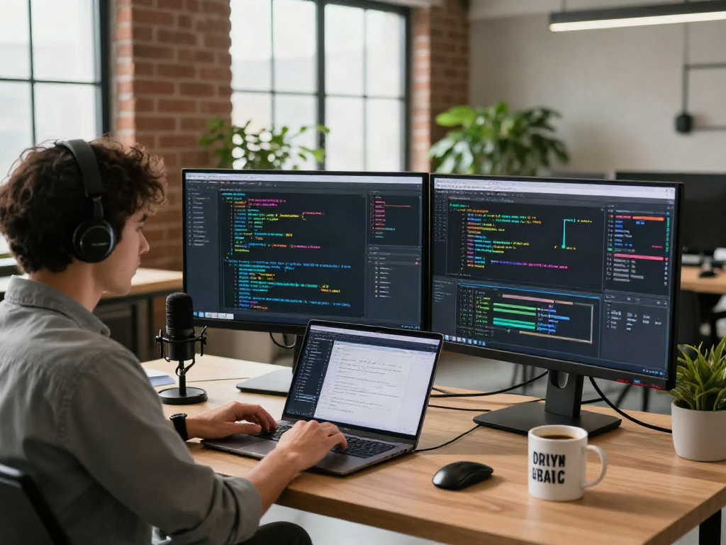 Innovative tech workspace showcasing juicy ai development with vibrant algorithms and a focused engineer.